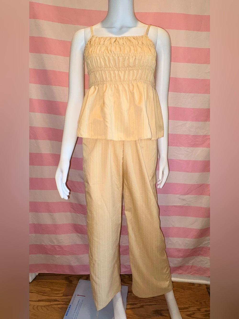 SHEIN Teen Girls 2 Piece Set Beige Smocked Cami Top Wide Leg Pants Size 14Y nwot